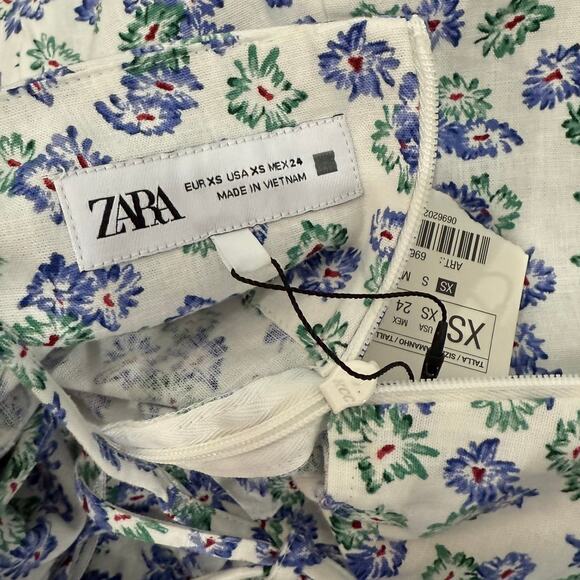 Zara White Blue Green Floral Cross Strap Front Slit Midi Dress size XS NEW Tags - Picture 8 of 13